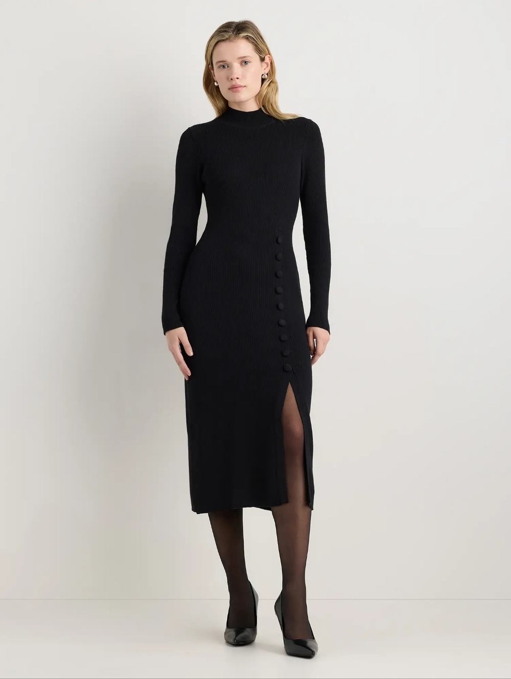 Quince Cotton Cashmere Knit Midi Dress With Side Slit NWT BLACK SIZE MEDIUM